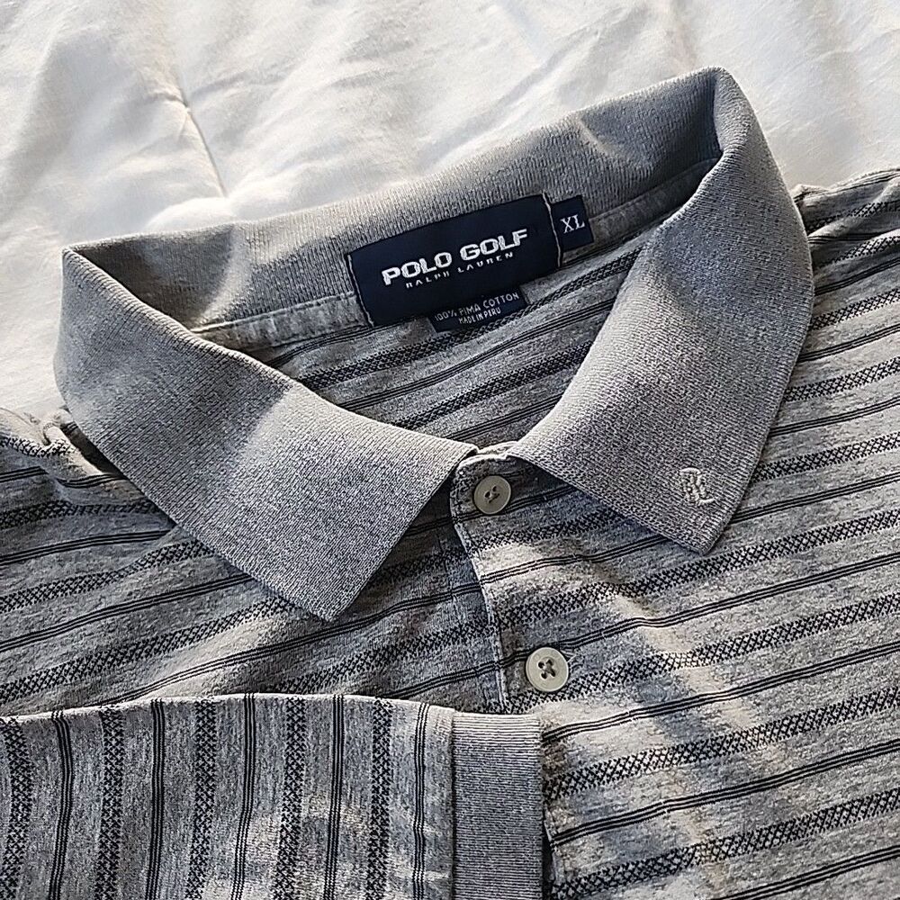 Polo Ralph Lauren Shirt 100% Pima Cotton Mens Size XL Gray Striped S/S Golf